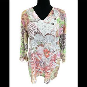 𝅺Distinct v neck colorful print floral pattern tee, size XL